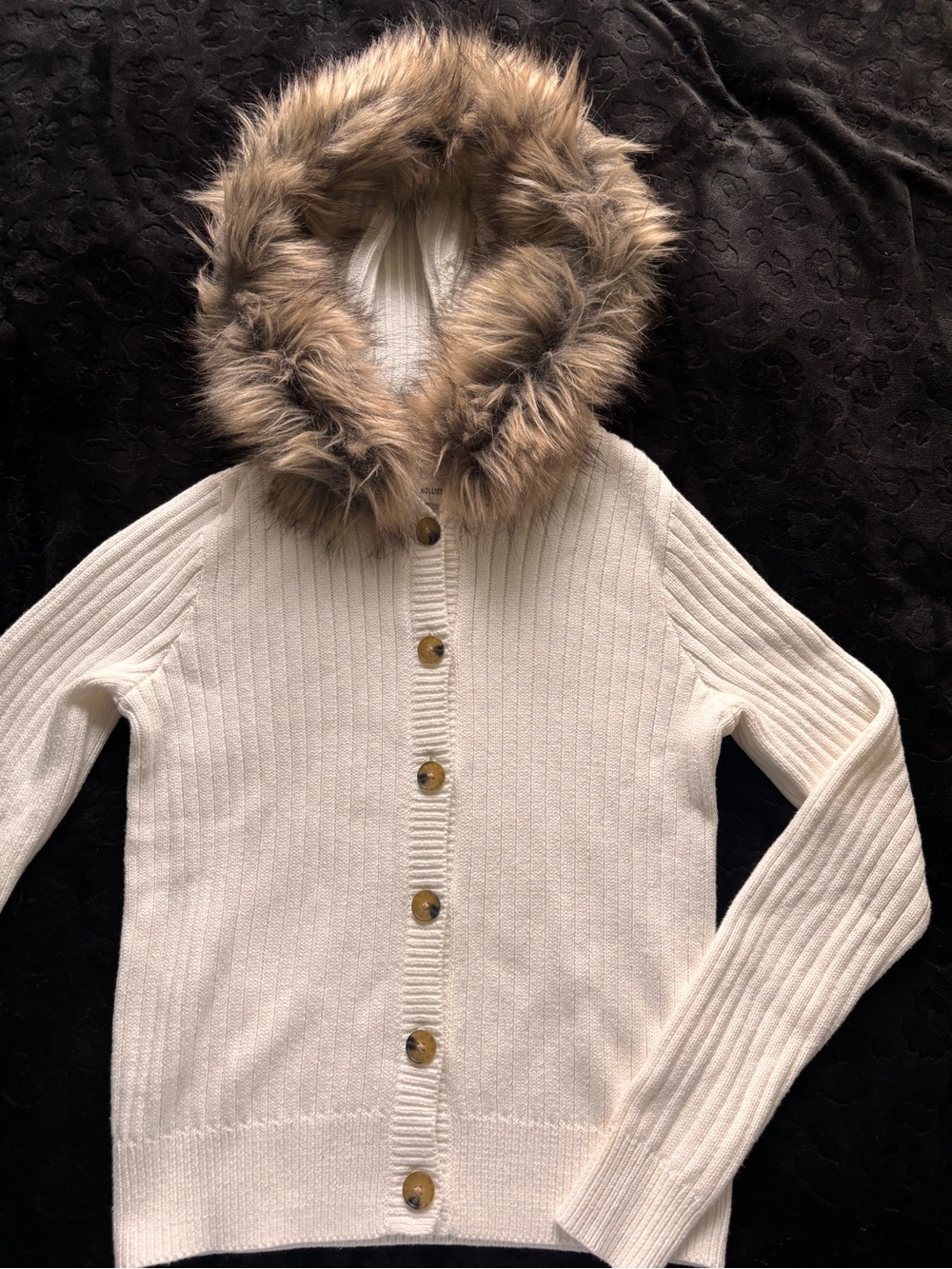 Hollister Cream Hooded Cardigan with Faux Fur Trim